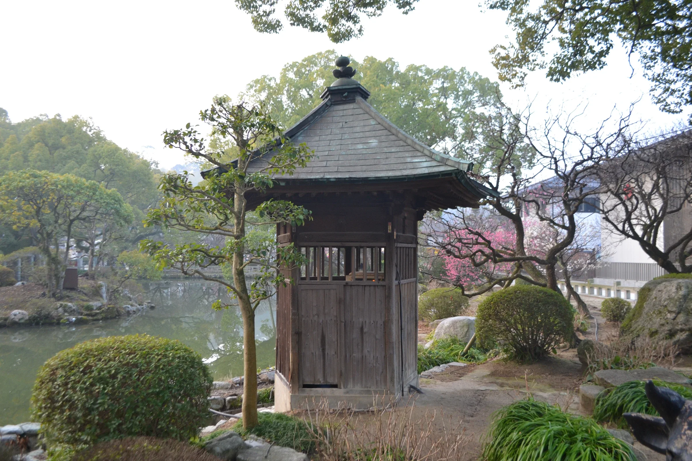 太宰府天滿宮境內池畔的木造建築與樹木
