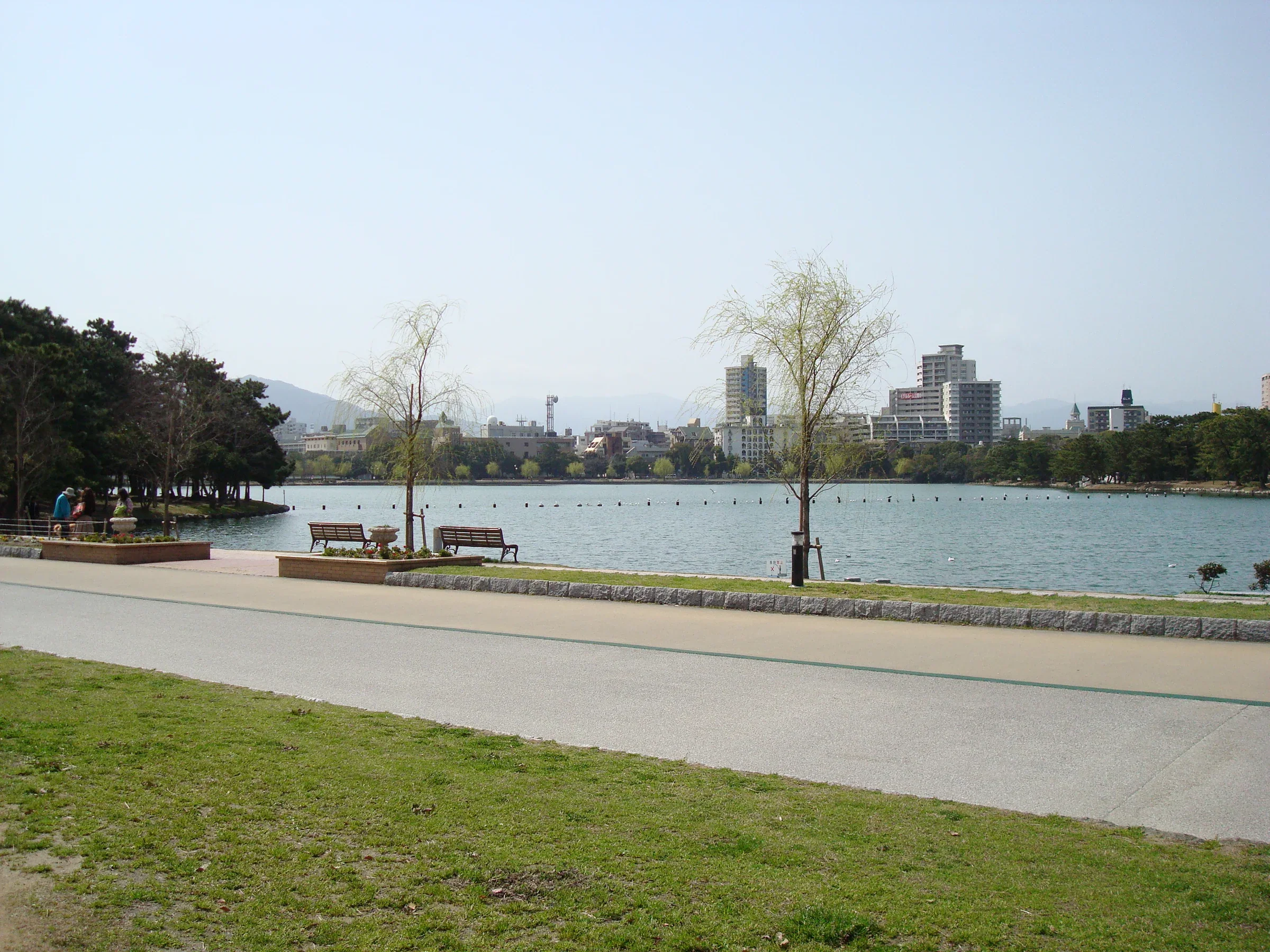 大濠公園湖岸步道、長椅與對岸樹木