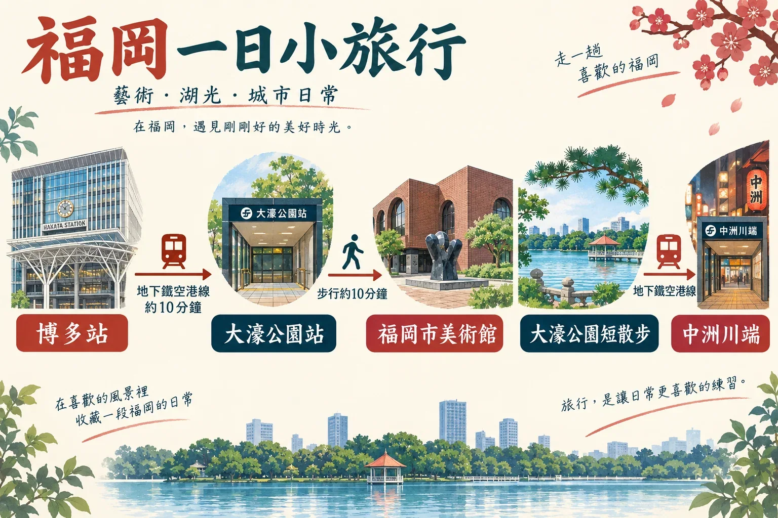 福岡一日遊程路線順序示意插畫:博多站、大濠公園站、美術館、大濠公園湖岸與中洲川端;非比例地圖