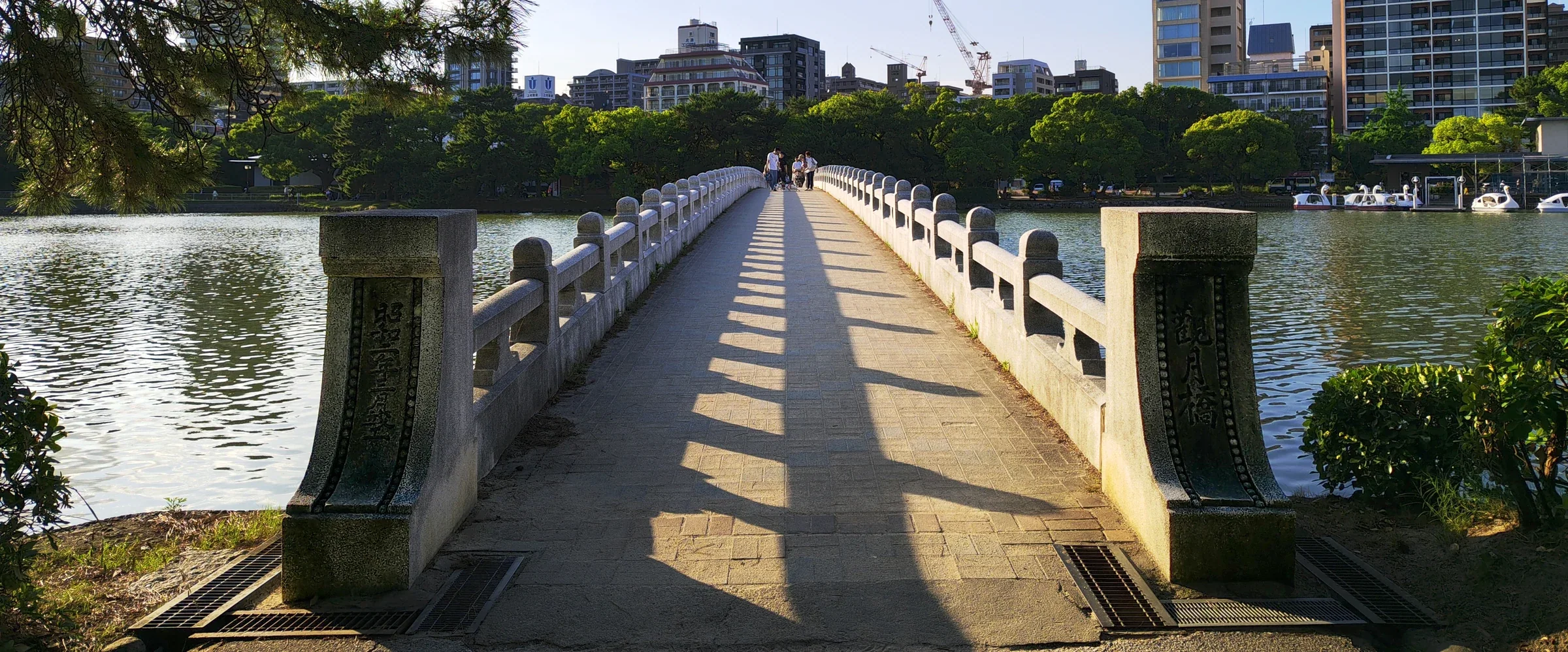 大濠公園觀月橋南端石橋延伸至湖中小島，橋面兩側是湖水與樹景