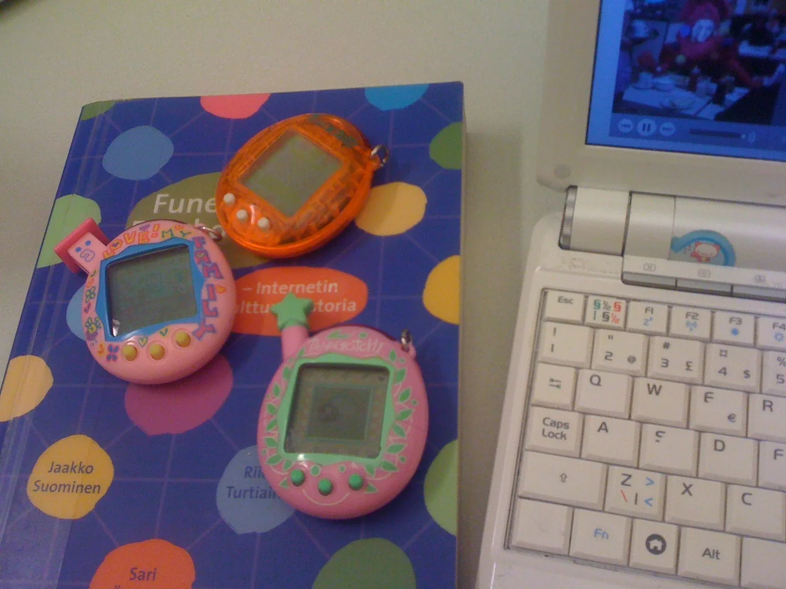 桌面上三台代表早期機款的 Tamagotchi 照片，並非福岡大たまごっち展展品