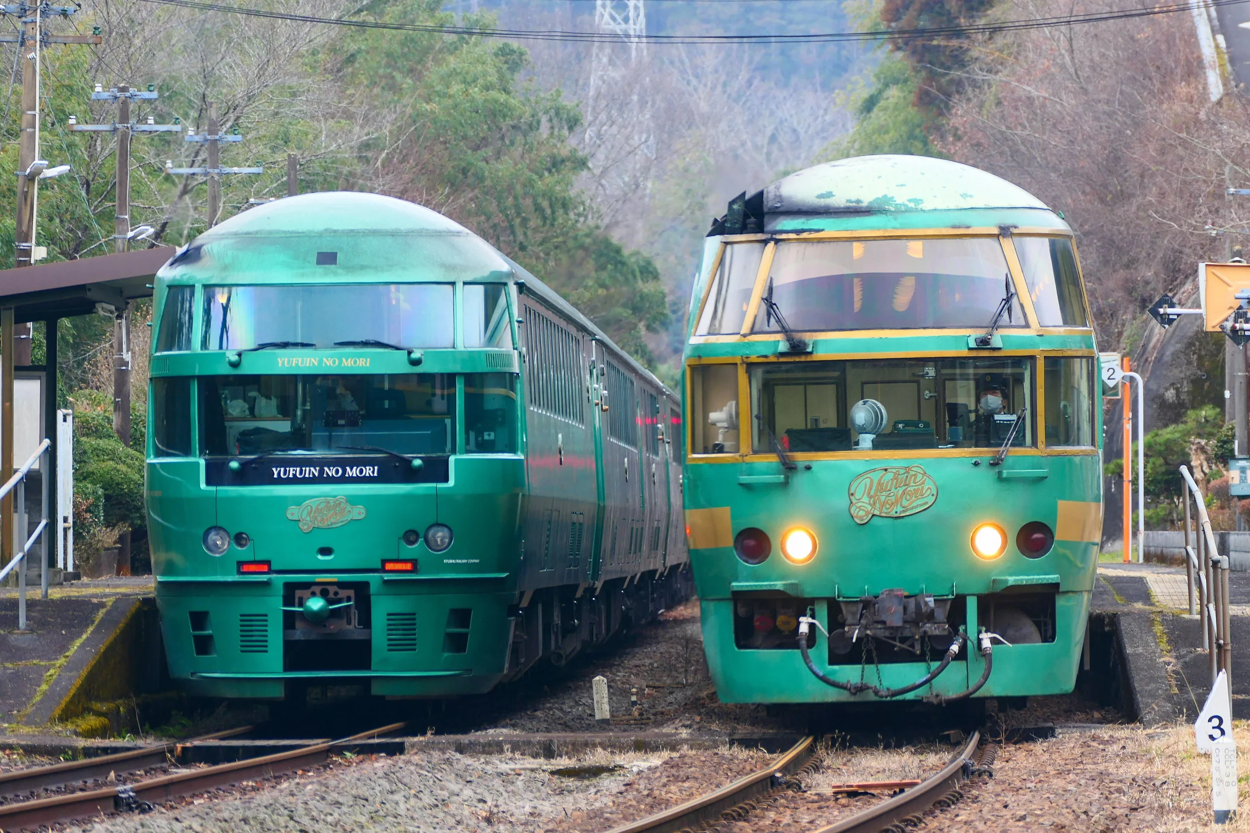 由布院之森列車與另一列特急列車停靠於野矢站