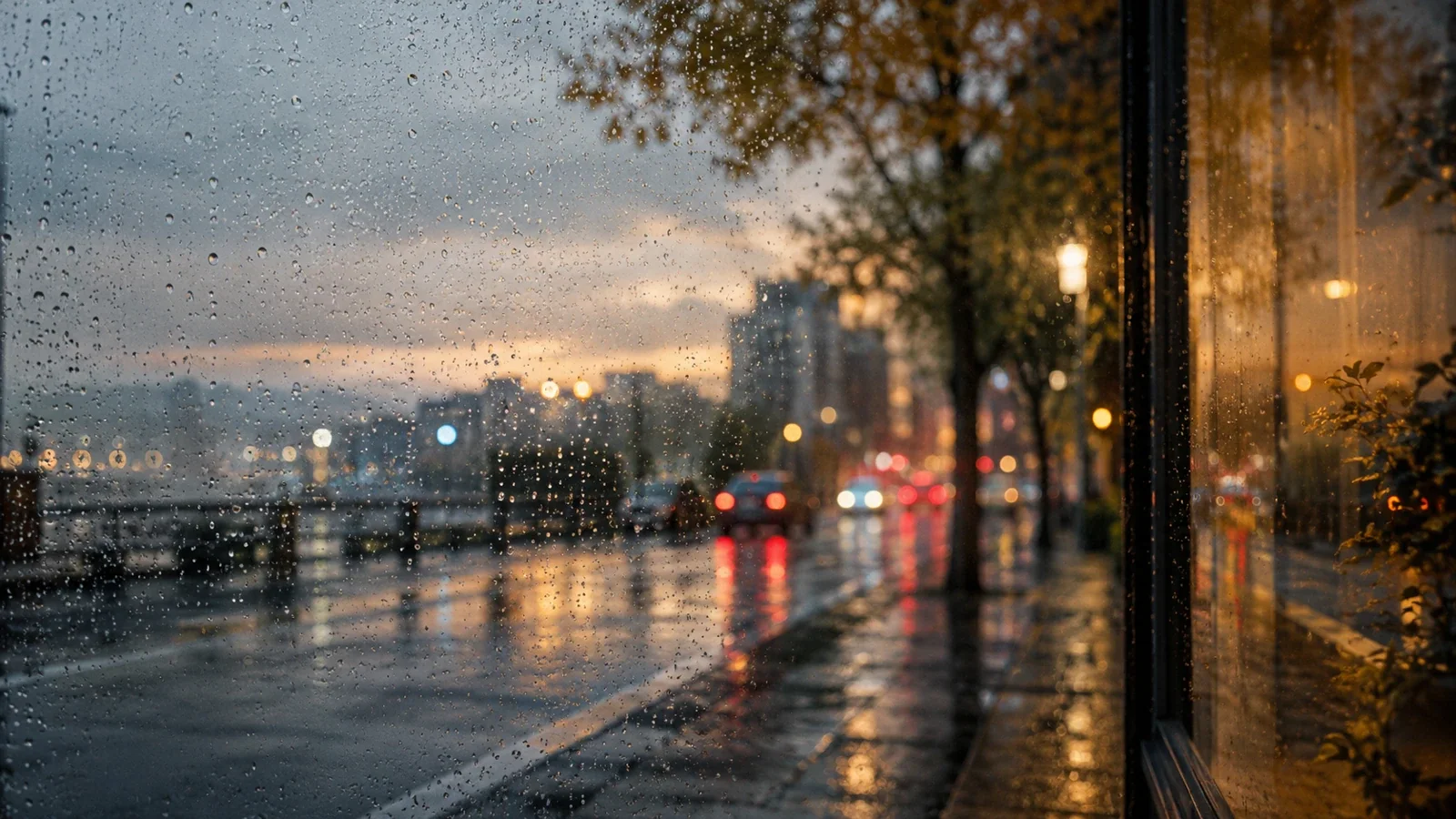 雨窗外的街道映着紅、橙、藍色燈光;概念圖,並非鹿兒島實景或展覽作品