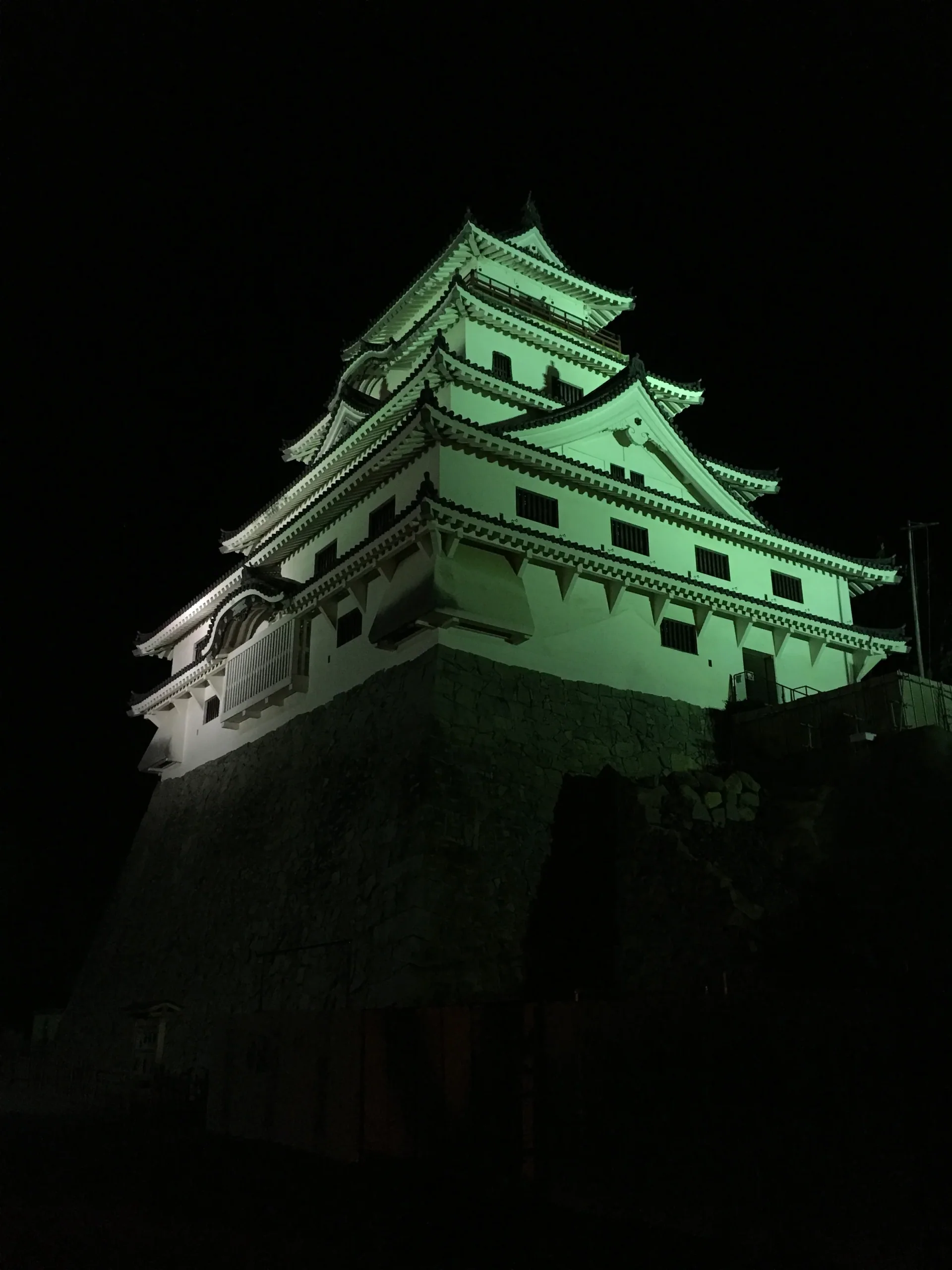 2016年12月9日夜間照明下的唐津城天守近景，非2026燈籠或花火照片