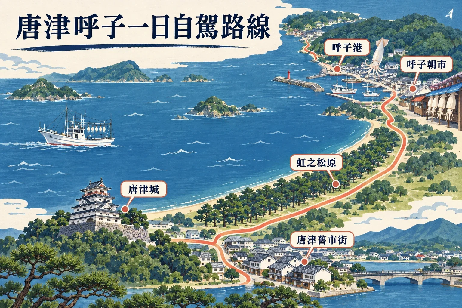 唐津、呼子朝市與七釜的路線示意圖