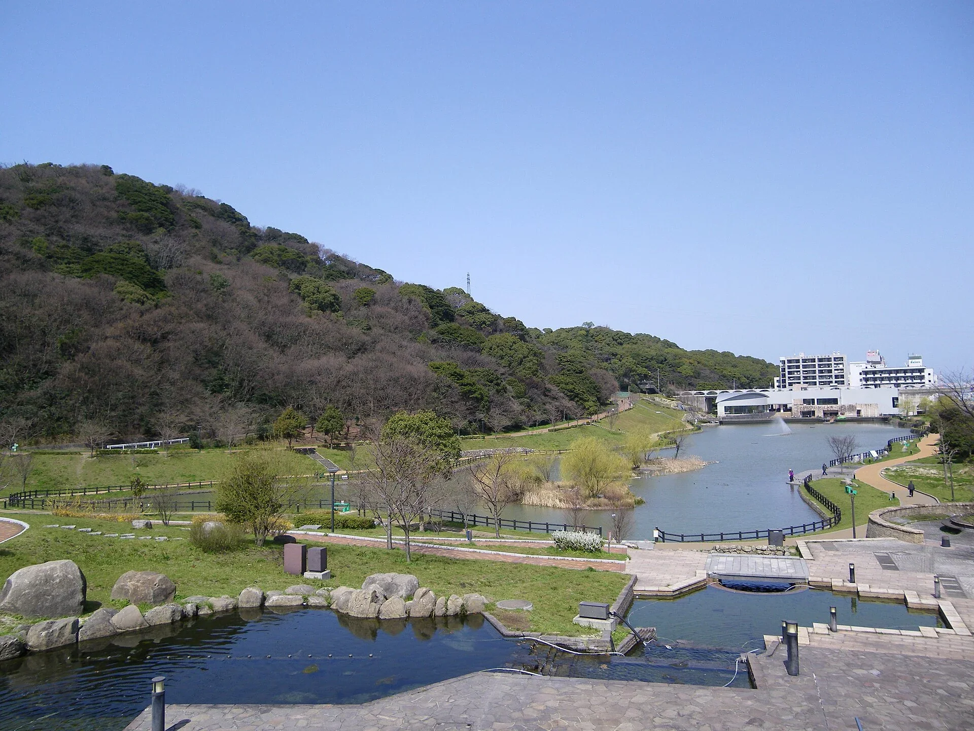福岡縣營中央公園金比羅池的舊景觀，湖岸與步道從遠處望向山坡