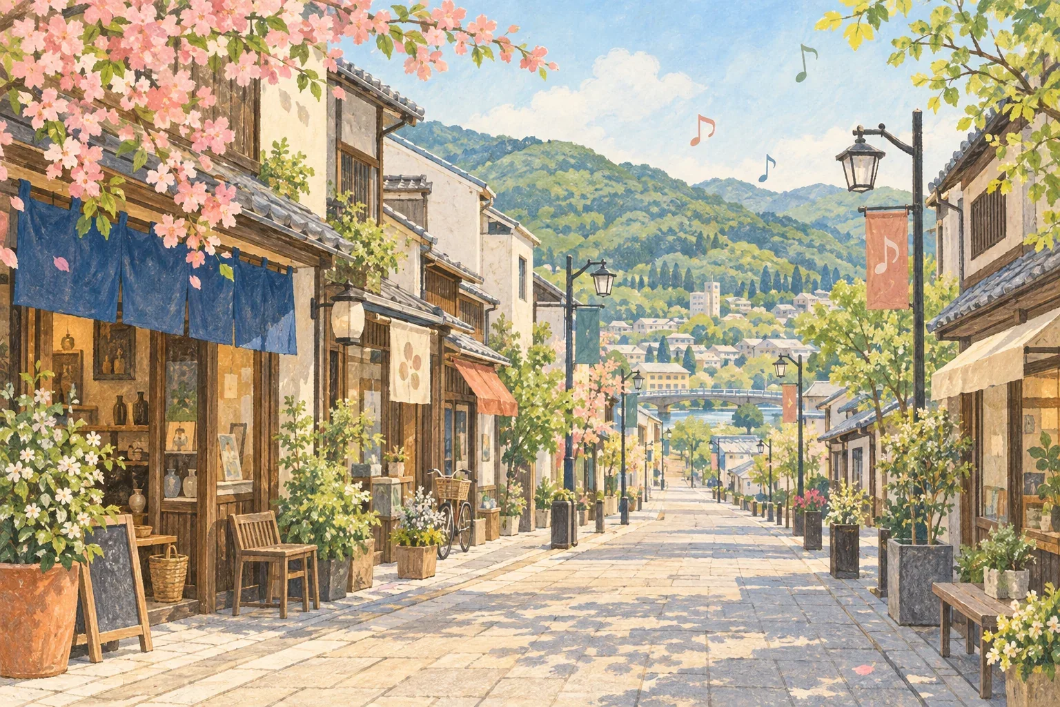 春日日本地方城市街道與飄散音符的概念插畫,並非久留米實景或2027音樂祭現場