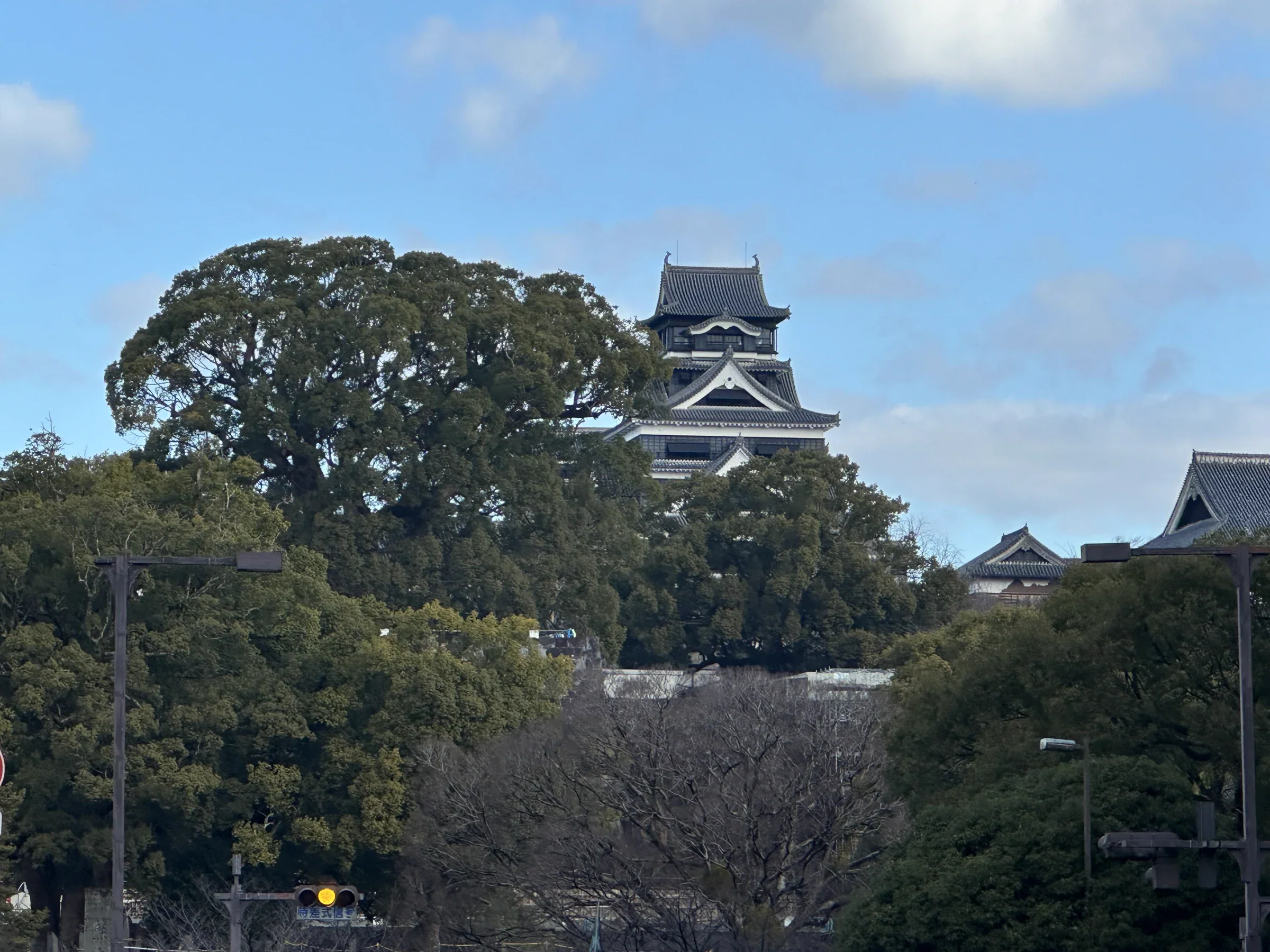 熊本城天守閣從城下街區上方露出，黑白屋簷與石牆清楚可見