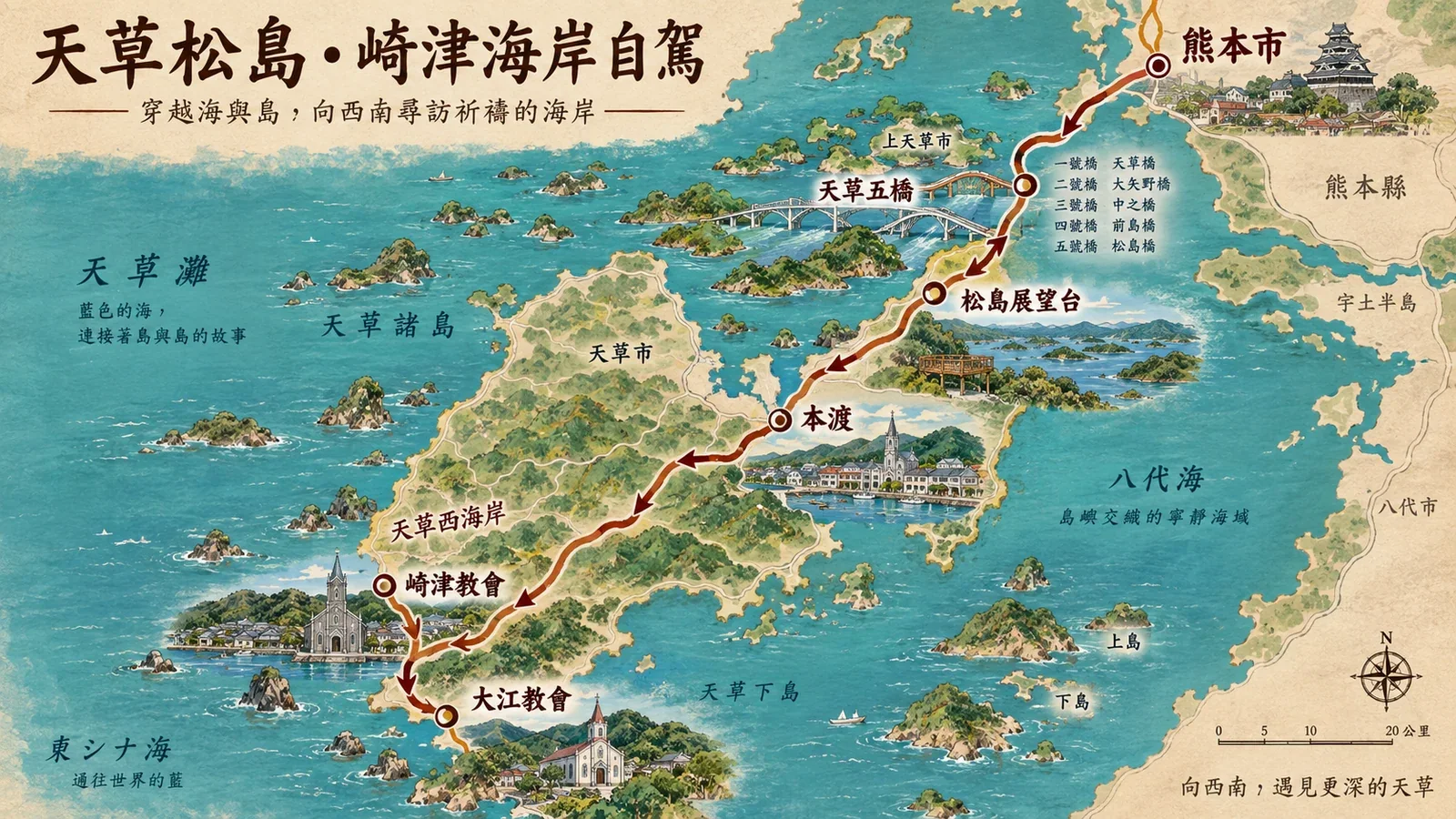 天草松島與崎津自駕路線示意圖:跨天草五橋至本渡,再沿西岸前往崎津與大江