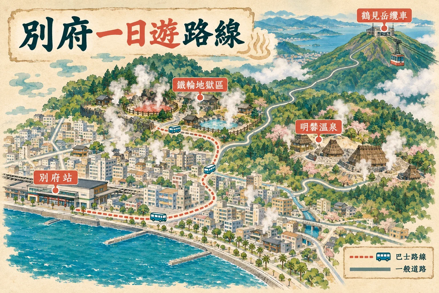 別府一日遊地圖:別府站、鐵輪地獄區,以及由市區延伸至鶴見岳的交通方向