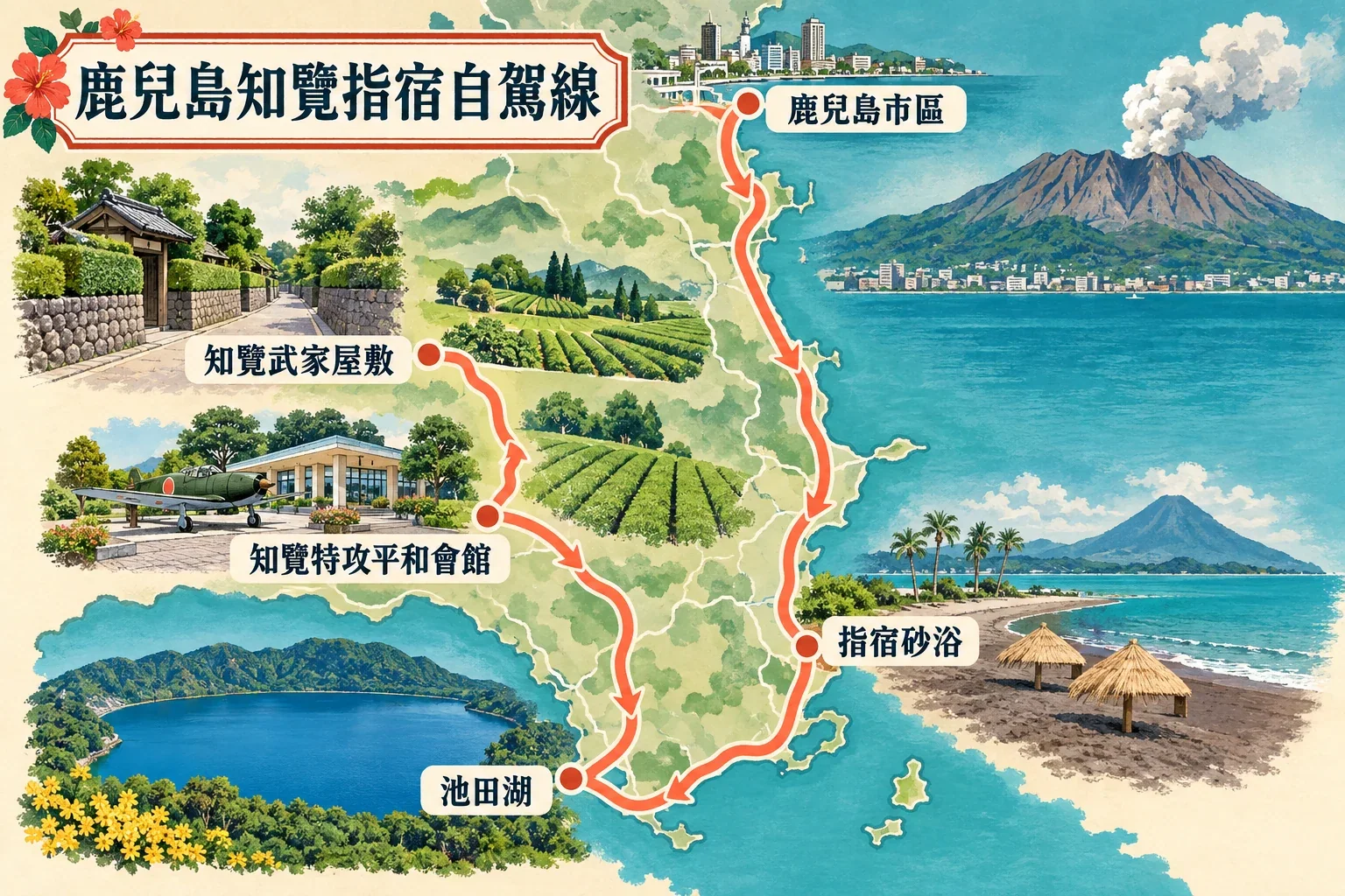 鹿兒島知覽與指宿自駕路線圖:由市區向南到知覽,再沿海岸前往指宿住宿