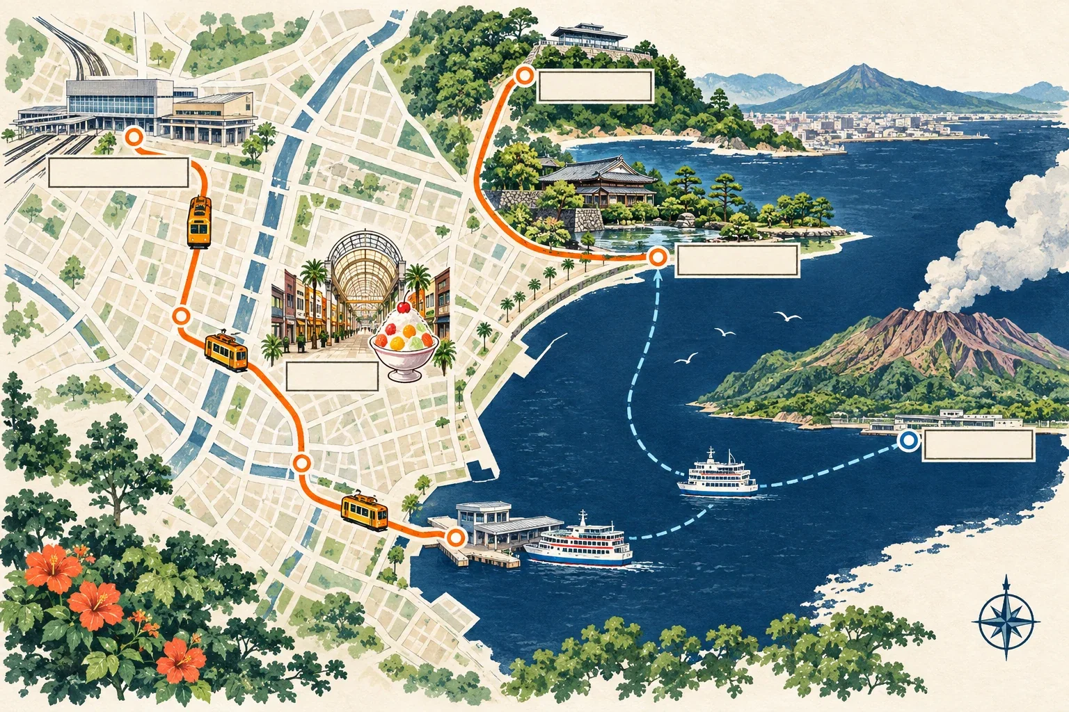鹿兒島市一日遊路線圖:鹿兒島中央站、天文館、櫻島渡輪、仙巖園與城山展望台