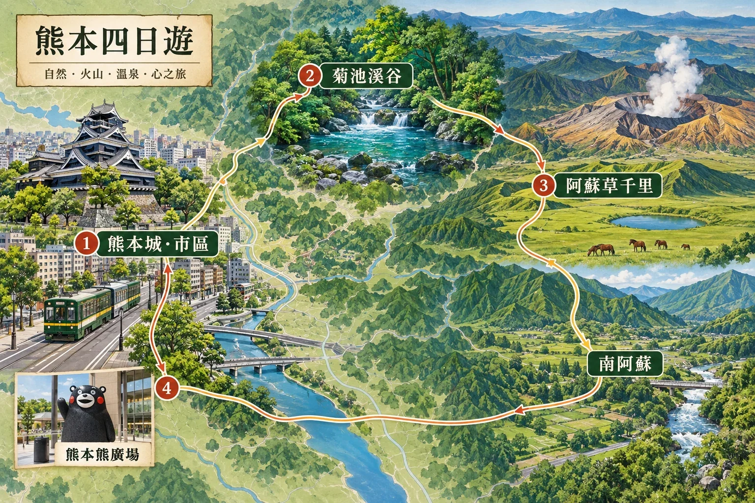 熊本四日路線：市區、阿蘇與南阿蘇的分區安排