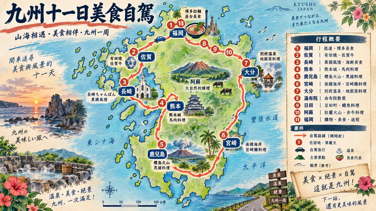 九州十一日福岡出發美食自駕路線示意圖:縣域環線、山區溫泉與東西岸停留