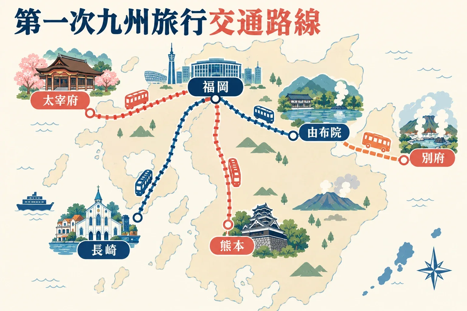 九州十四日美食自駕大環線示意圖:由福岡串聯佐賀、長崎、熊本、鹿兒島、宮崎與大分