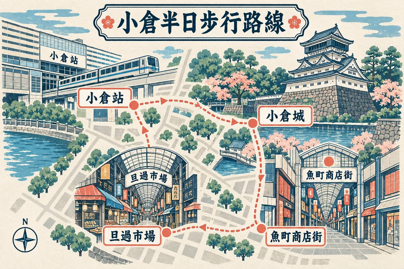 九州七日無車路線示意圖:福岡、長崎、熊本、阿蘇、別府與由布院之間的鐵路和巴士動線