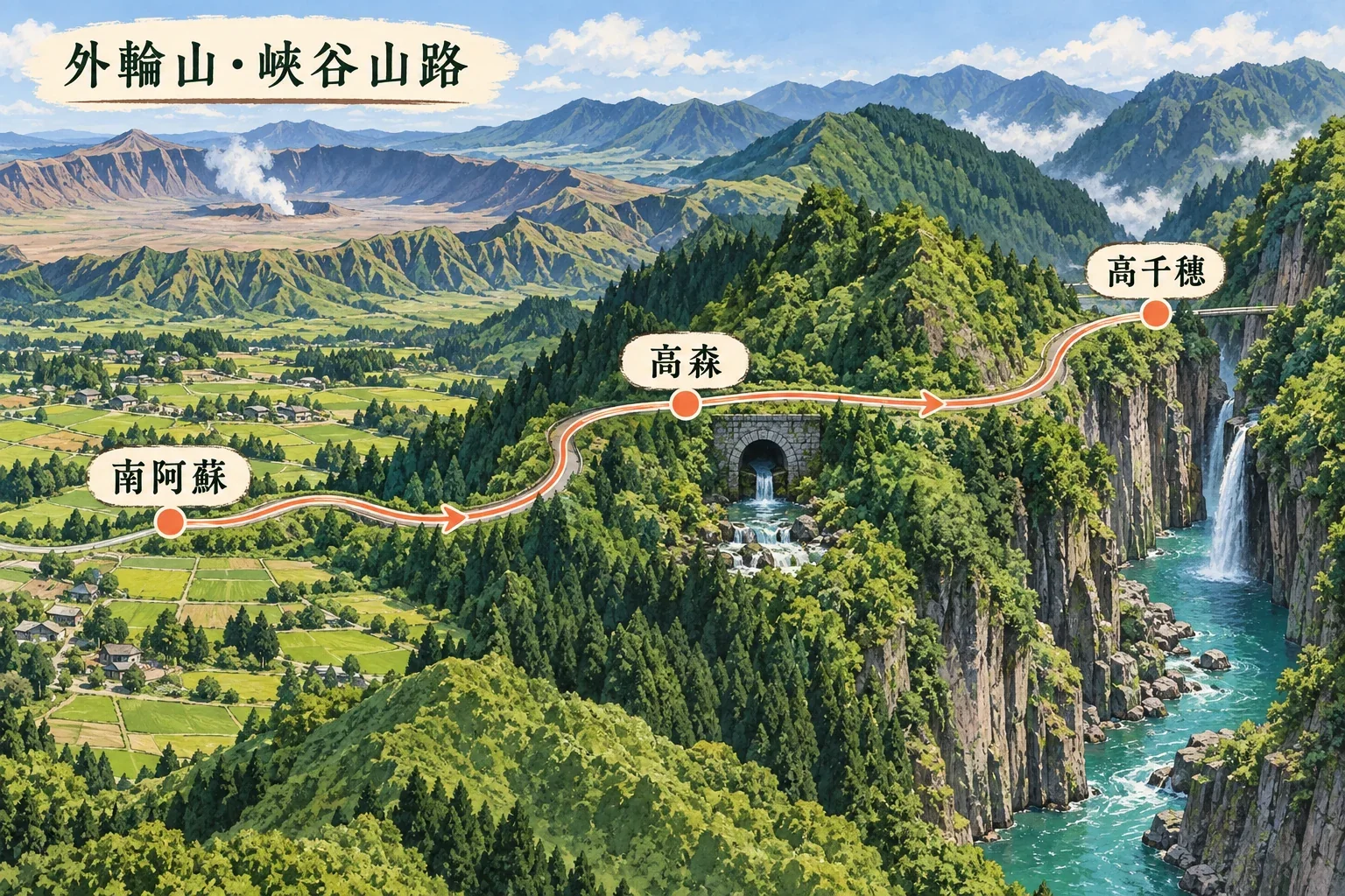 南阿蘇、高森與高千穗自駕路線示意圖:阿蘇外輪山、田園村落與高千穗峽谷