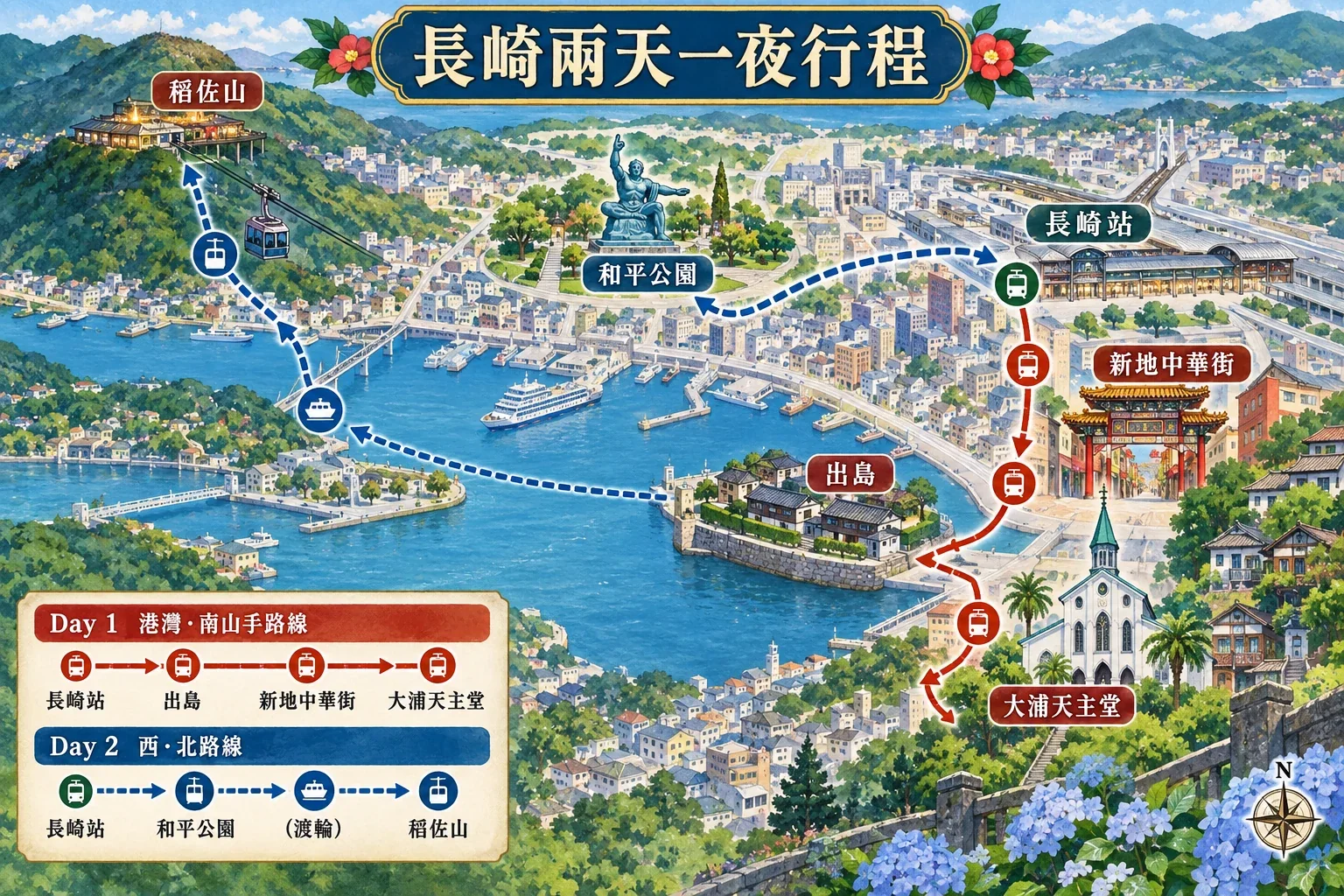 長崎兩天一夜路線示意:港口市區、南山手與稻佐山,第二日可選和平公園或軍艦島