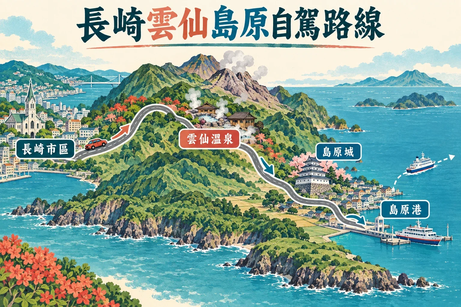 長崎、雲仙與島原自駕路線圖:由長崎市上山住雲仙,再下山往島原城與海港