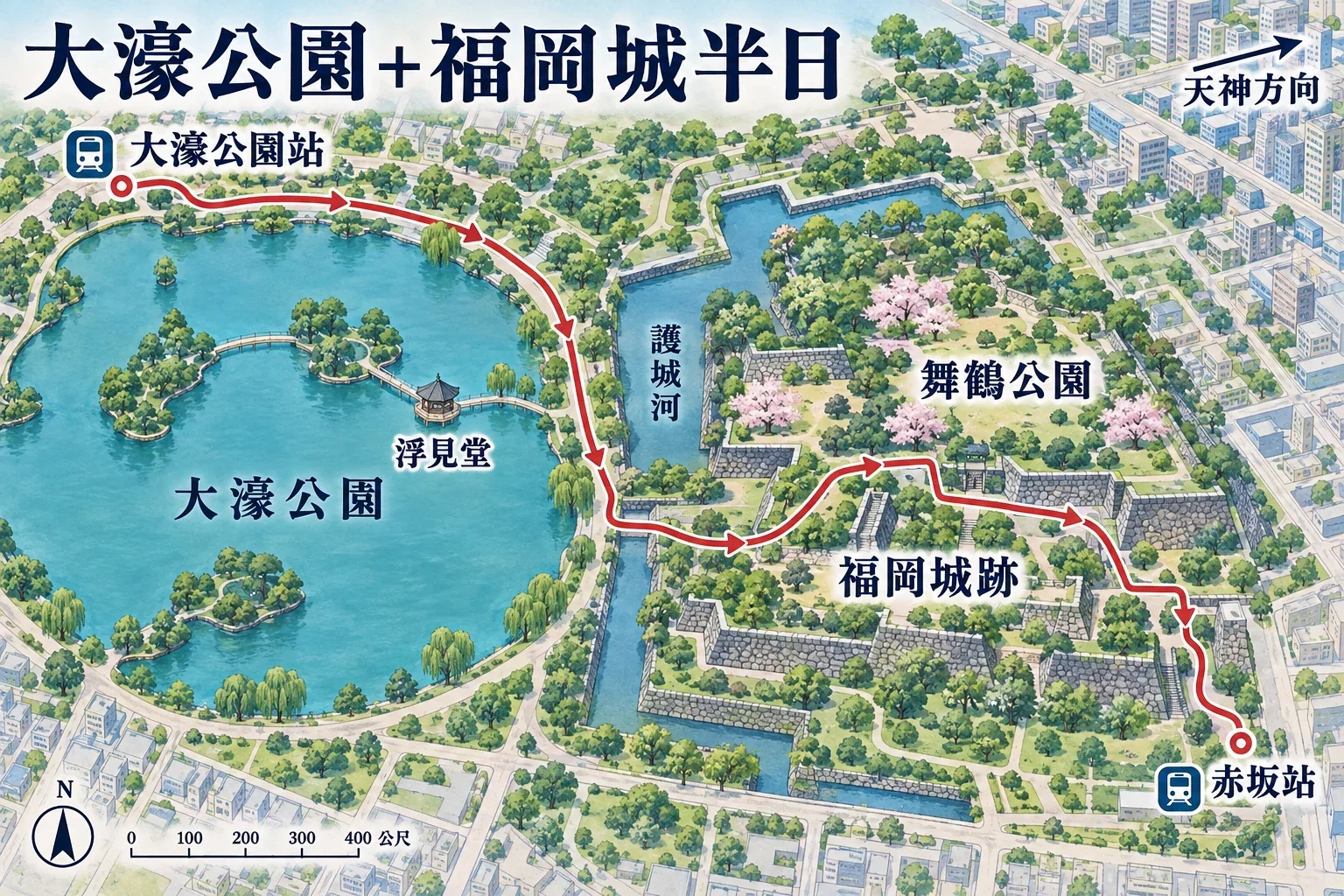 大濠公園與福岡城跡半日散步路線示意圖:護城河環道、舞鶴公園及天神方向位置