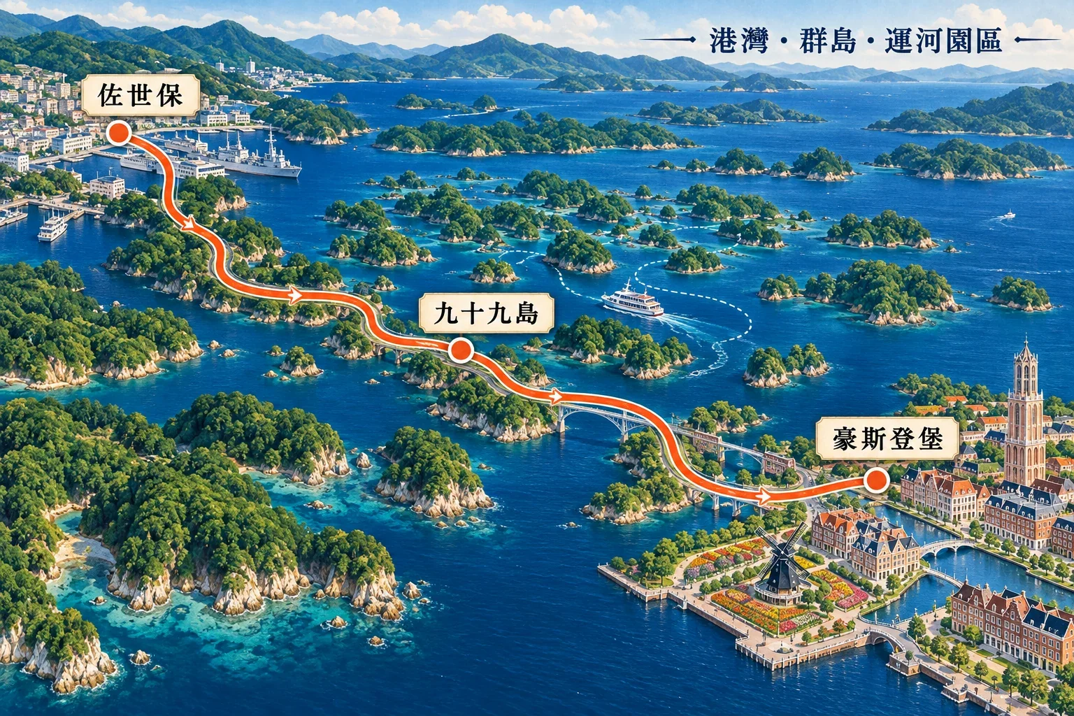 佐世保、九十九島與豪斯登堡自駕路線示意圖:群島海灣、遊船航道與運河主題園區