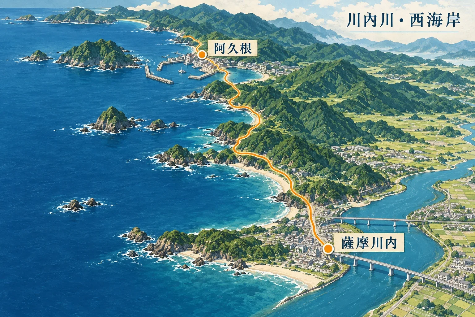 薩摩川內至阿久根自駕路線示意圖:川內川橋、沿海道路與灣岸港口