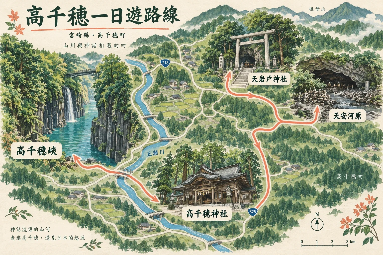 高千穗一日遊路線圖:高千穗峽、天岩戶神社、天安河原與高千穗神社