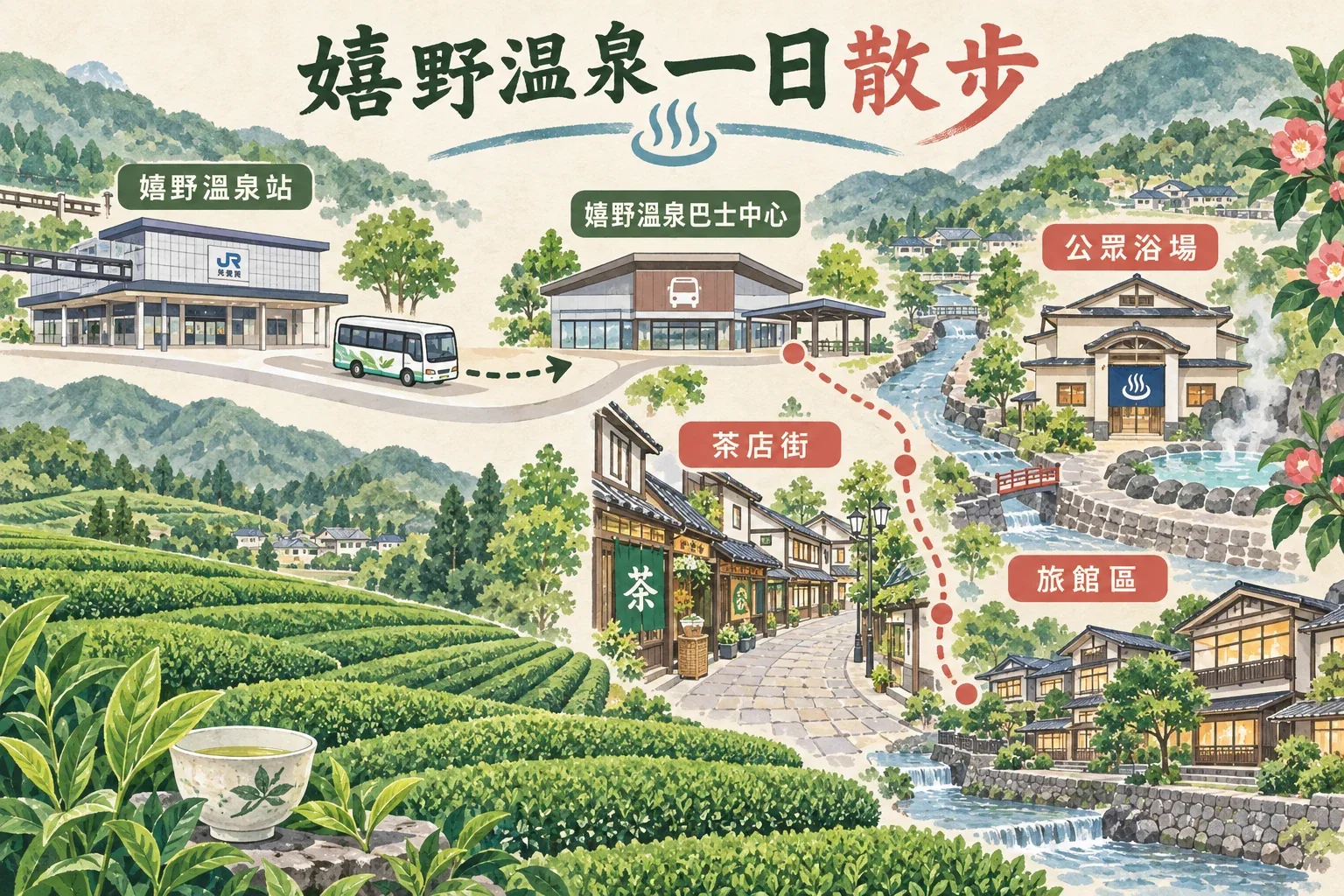 嬉野溫泉一日遊路線圖:嬉野溫泉站、巴士進老街、公共浴場與茶店散步區