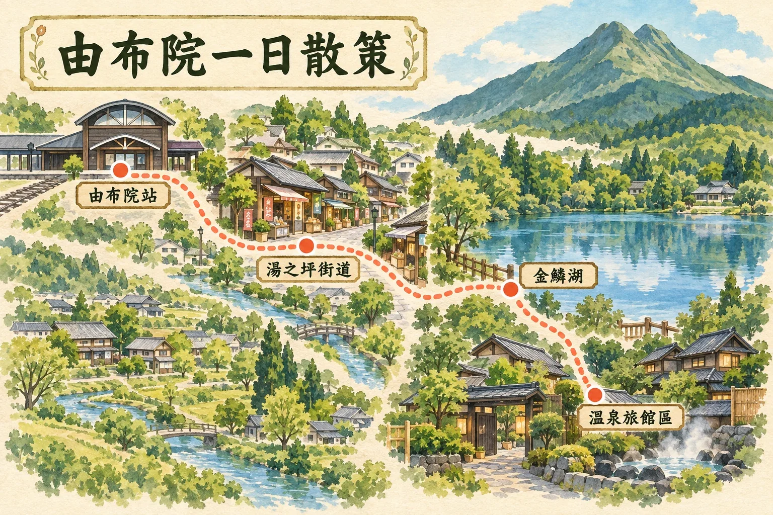 由布院散策路線示意圖:車站、湯之坪街道、金鱗湖與溫泉旅館區的步行關係