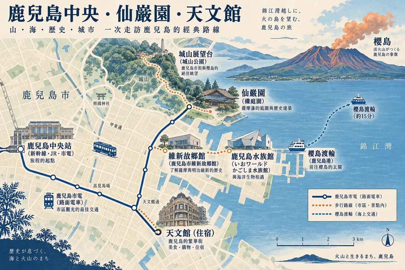 鹿兒島市區、仙巖園與城山方向的路線示意圖