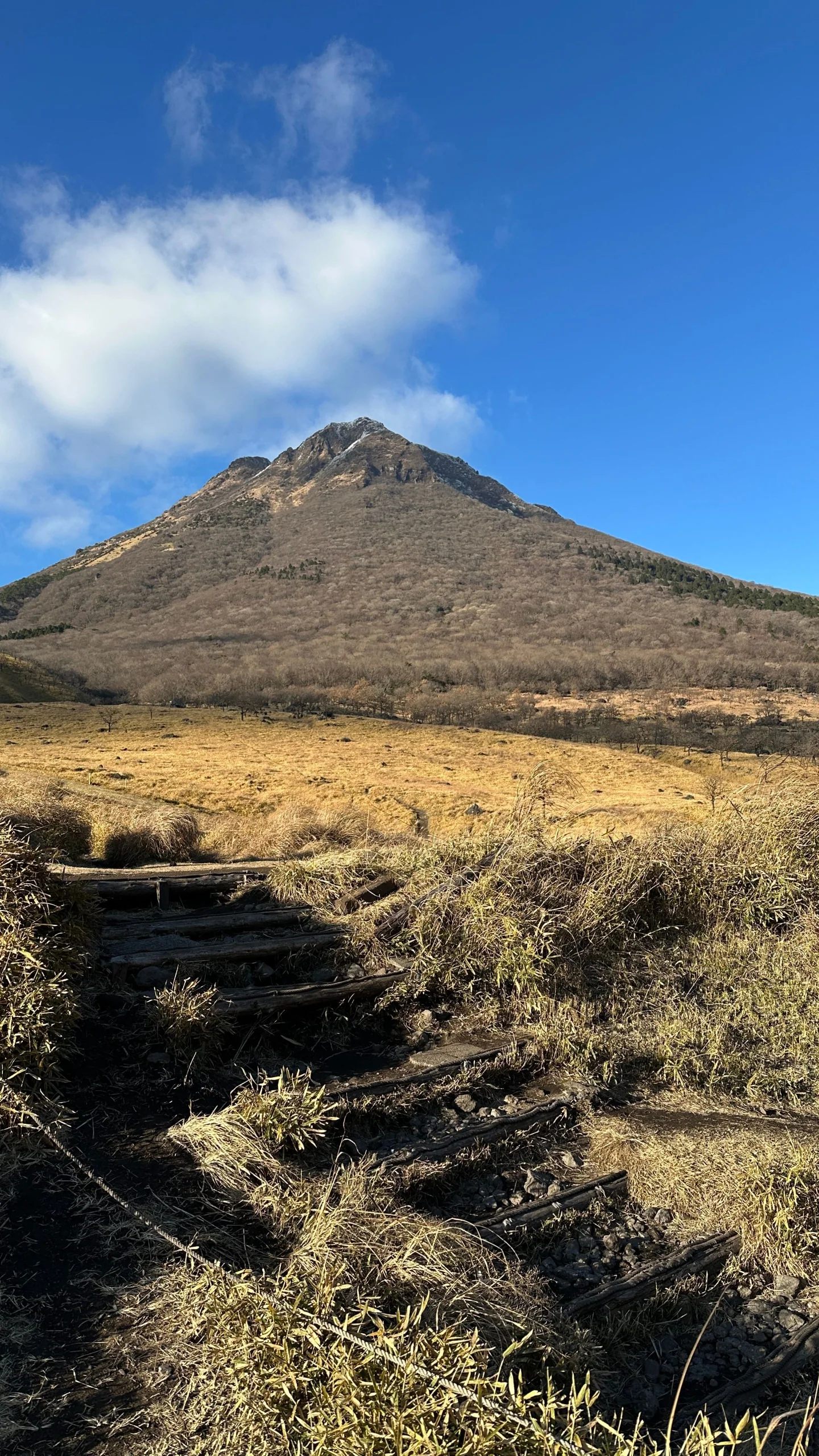 秋季草原前的由布岳,山麓可見步道